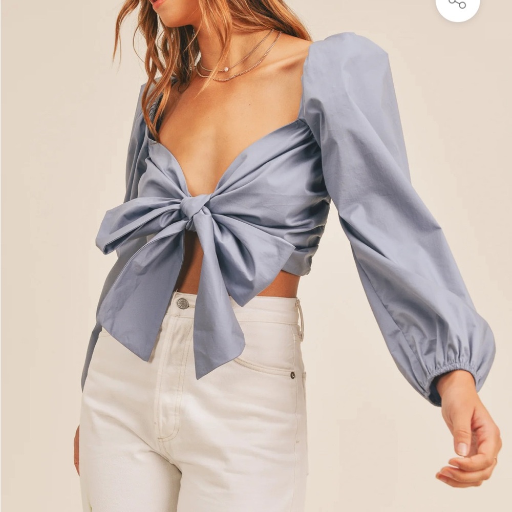 MABLE Angel Front Ribbon Self Tie Top‎ Crop Satin Coquette Bow Puff Sleeves L